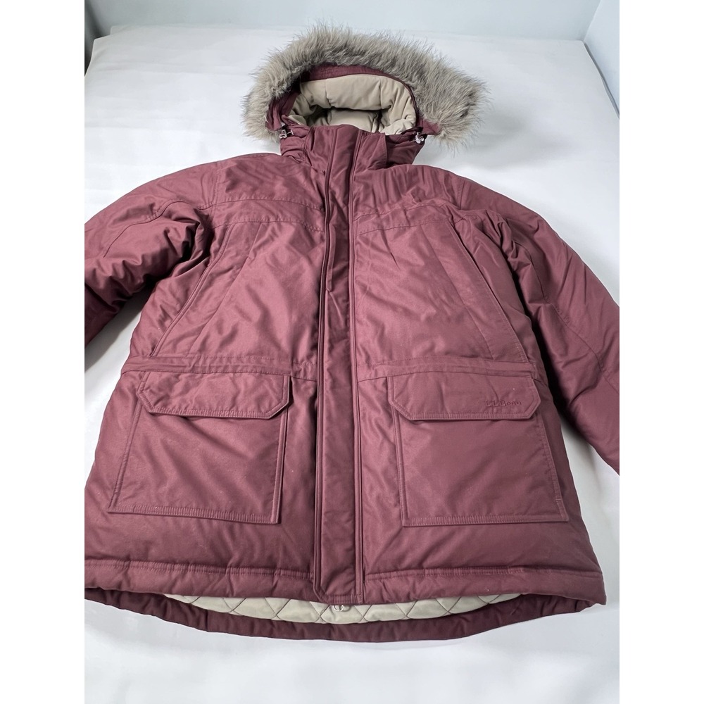 LL Bean Mens Parka Coat Jacket L Maroon Goose Down Faux Fur Hooded Gore-Tex EUC - Picture 2 of 16